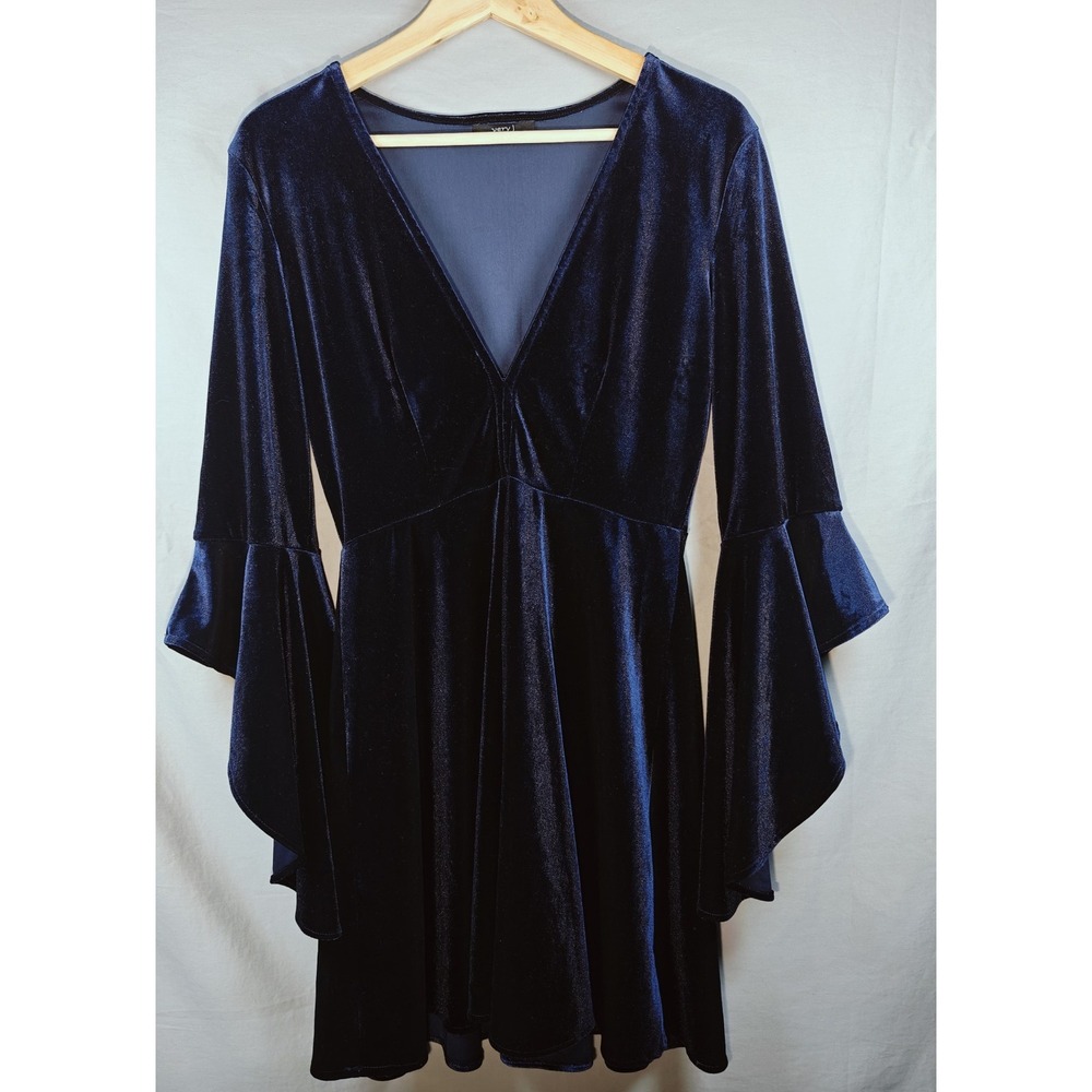 Navy Blue Holiday party Velvet Bell Sleeve Skater Dress Womens Small Witchy